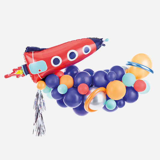 Cosmonaut theme balloon arch for child's birthday