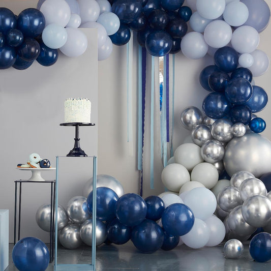 Arch of blue and silver balloons: wedding decoration, birthday, boy's baby shower