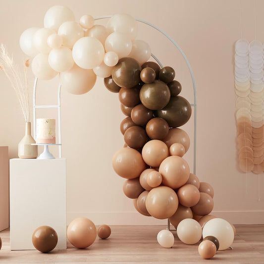 Arch of nude and brown balloons: bohemian wedding decor, chic birthday
