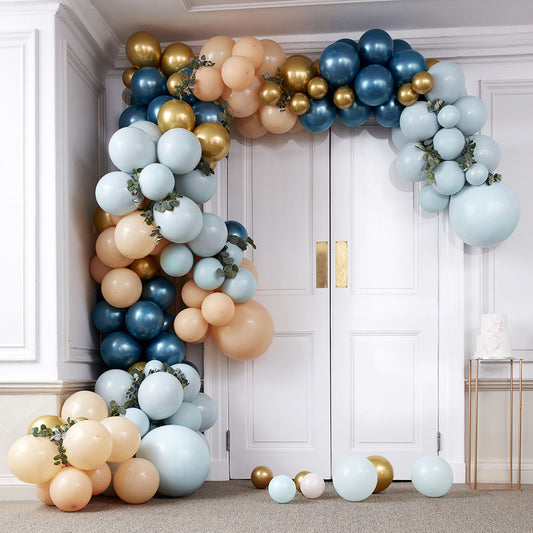 Pink, blue, gold and chrome blue balloon arches