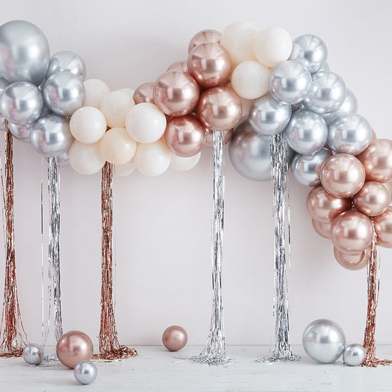 Arco de globos de boda, globos de cumpleaños cromo oro blanco plata