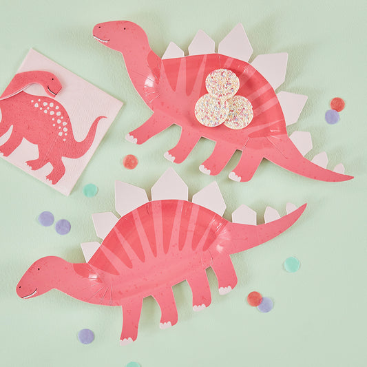 Décorations pour un anniversaire dino fille : assiettes dinosaure rose
