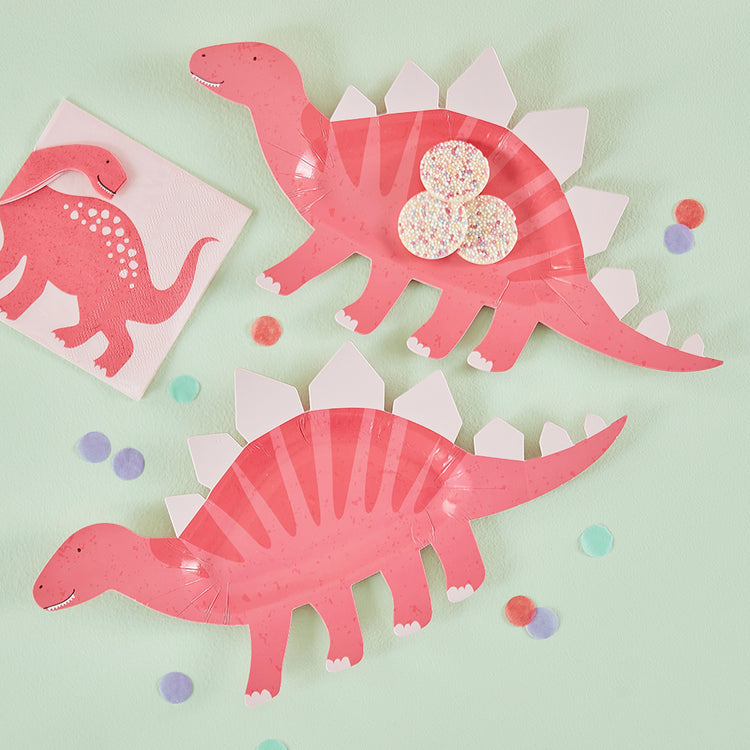 Decorations for a dino girl birthday: pink dinosaur plates