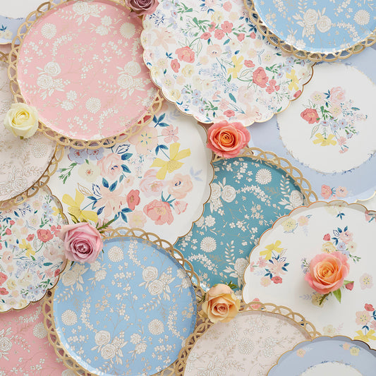 Selection of Meri Meri flower plates for girl's baby shower or picnic