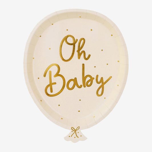 8 paper plates in the shape of a golden polka dot balloon: baby shower decoration