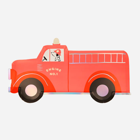 Déco anniversaire pompier : 8 assiettes camion de pompier avec chien