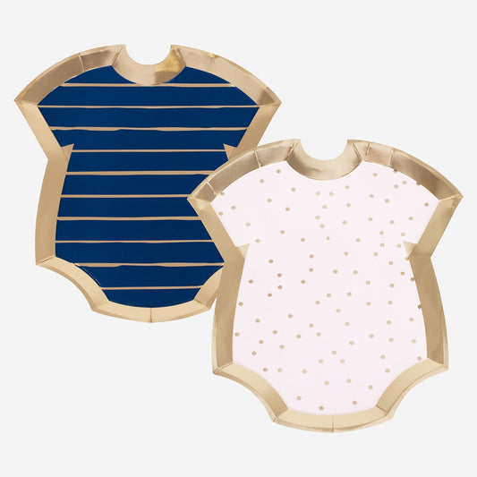 Baby bodysuit plates for no-gender or gender reveal baby shower