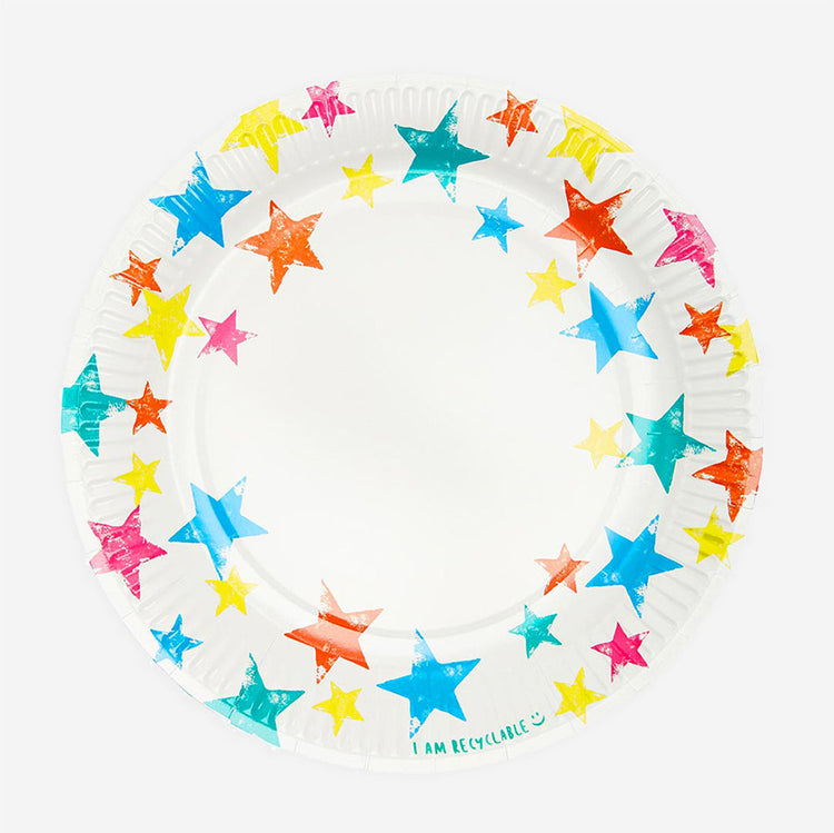 Assiettes d'anniversaire recyclable blanches à étoiles multicolores