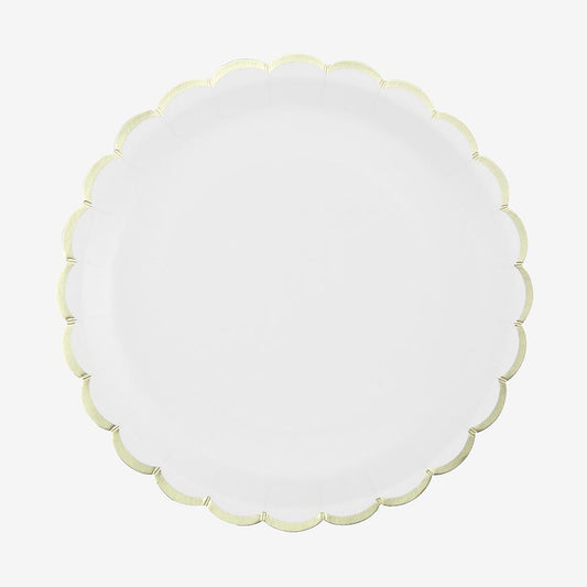Assiette blanche et frise dorée pour deco mariage, table de baby shower ou deco baptême