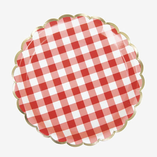 8 assiettes en carton festonnés vichy rouge pour fête d'anniversaire, pique-nique ou festival