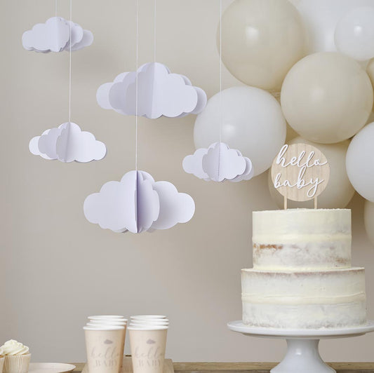 5 suspensions nuage en papier pour decoration baby shower mixte
