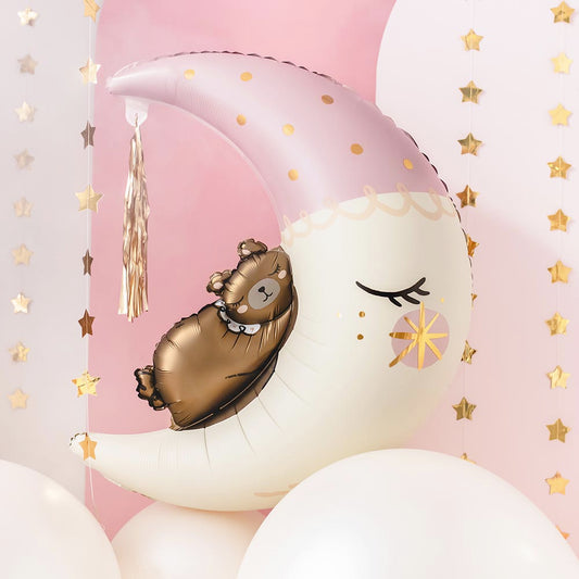 Ballon hélium ourson et lune rose pour decoration baby shower fille