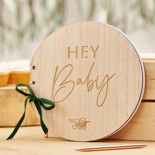 Hey baby libro de visitas de madera: decoración de mesa y saludos de baby shower