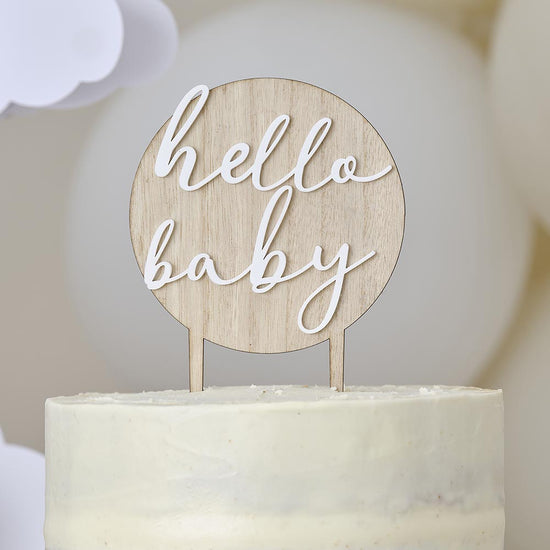 Cake topper hello baby en bois : gateau gender reveal et baby shower