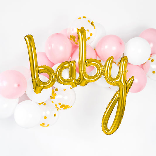 Decoración con globos de bebé para fiesta de revelación de género My Little Day