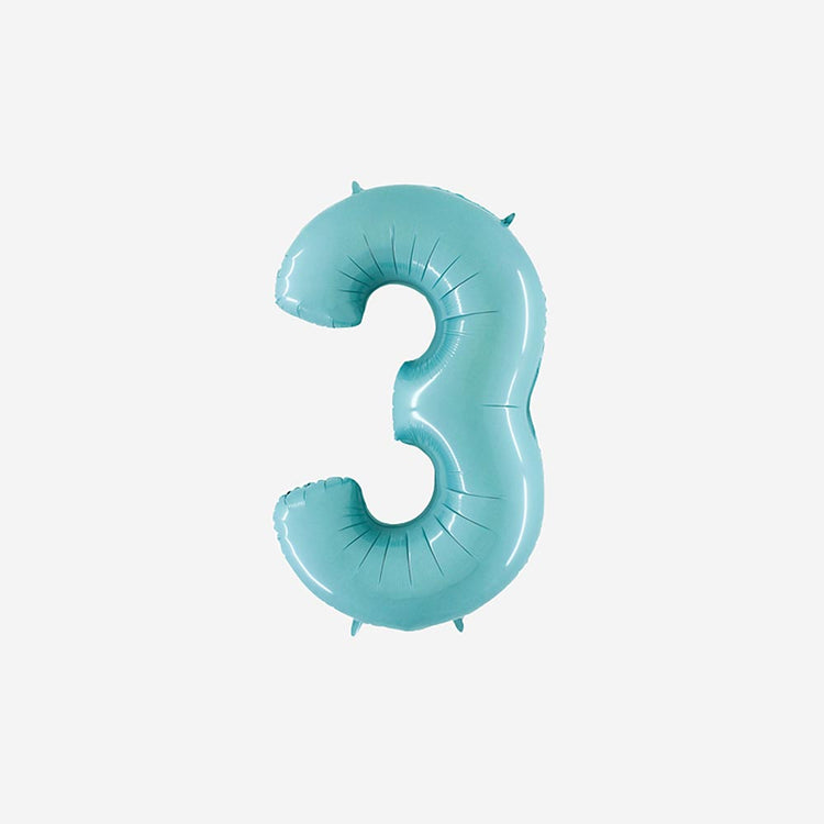 Small pastel blue number balloon 3 for 3-year-old birthday decoration or 30-year-old party.