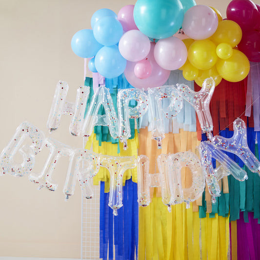 Birthday party decoration transparent balloons and Happy Birthday confetti