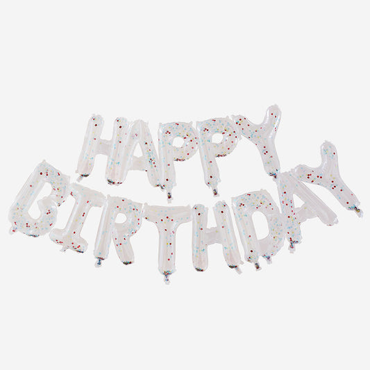 Globos y confeti transparentes de feliz cumpleaños - rayo de jengibre