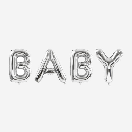Palloncino con lettere d'argento BABY per un baby shower o rivelazione di genere