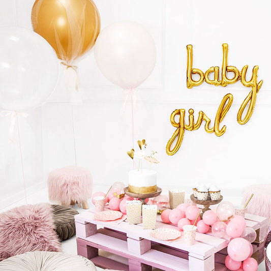 decorazione baby shower per bambina con palloncini con lettere e palloncini rosa giganti