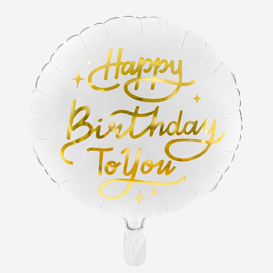 Ballon hélium happy birthday blanc et doré pour décoration anniversaire