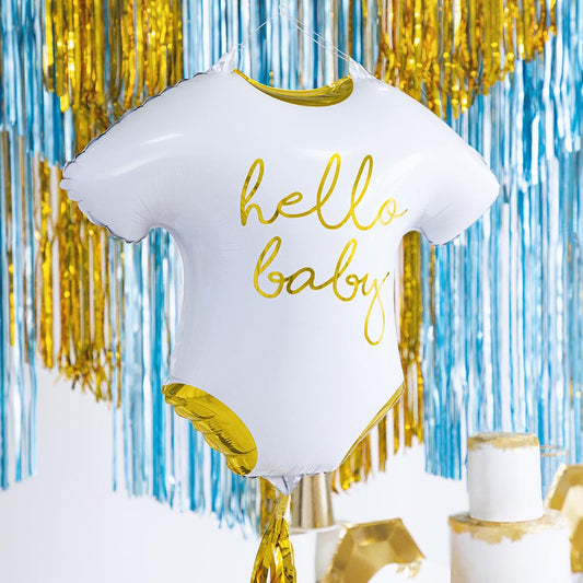 Decoración baby shower niño: globo hello baby body blanco y dorado