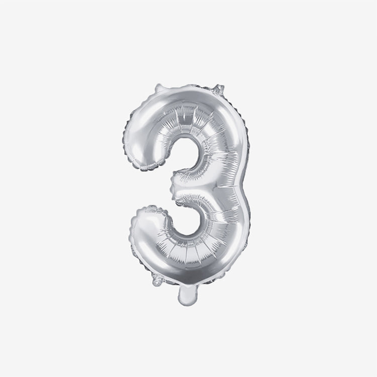 Decoración cumpleaños: pequeño globo plateado número 3