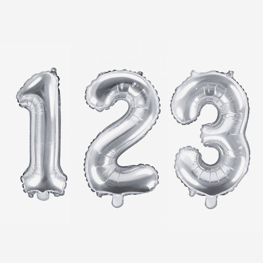 Small silver number balloon for child's birthday decoration, adult birthday