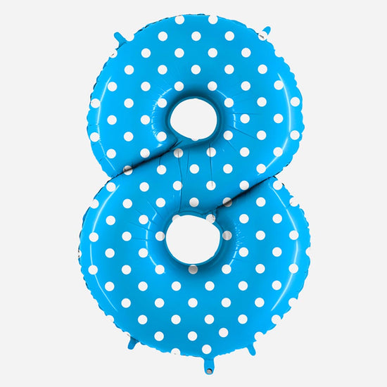 Decoration anniversaire : ballon chiffre 8 géant bleu à pois blancs