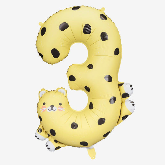 Globo número 3 con forma de guepardo para decoración de cumpleaños de 3 años