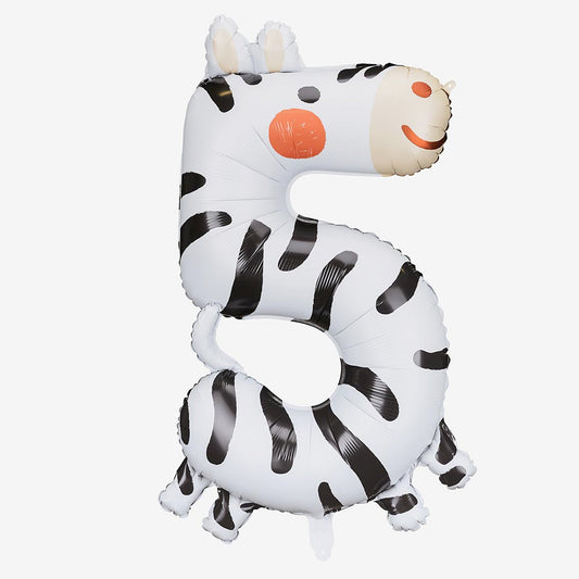 Palloncino numero 5 a forma di zebra per la decorazione del 5° compleanno