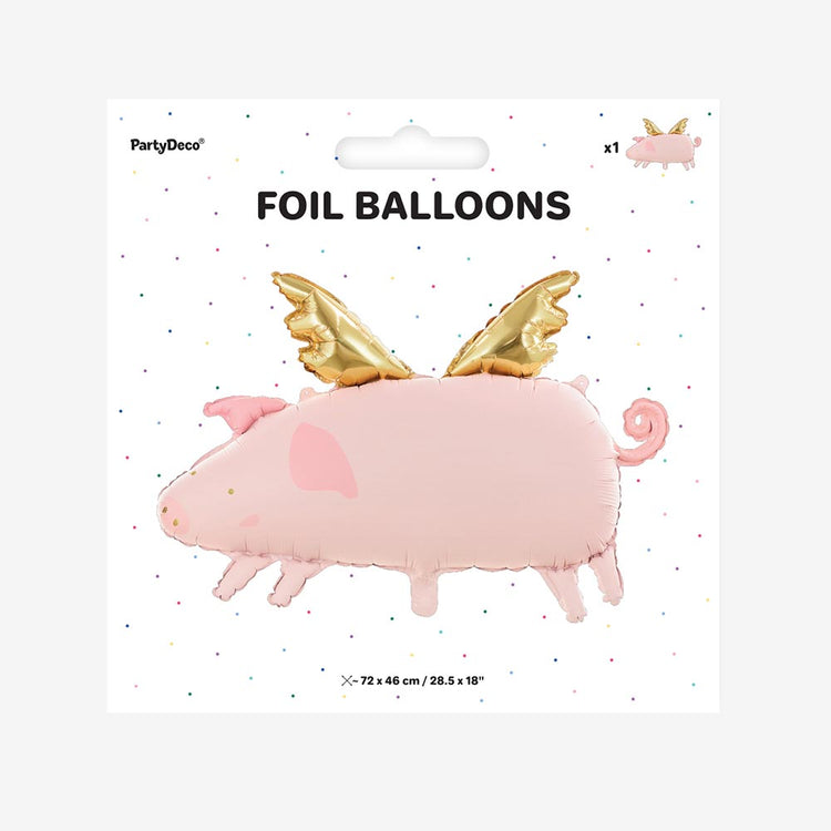 Packaging ballon helium cochon rose ailes dorées pour anniversaire enfant