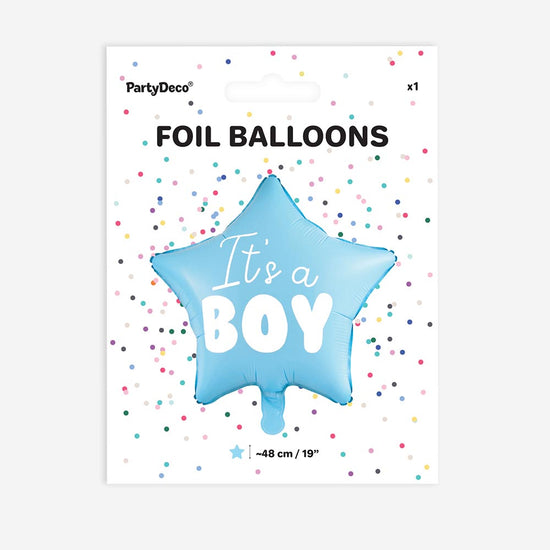 Packaging ballon gender reveal garçon : étoile it's a boy bleu