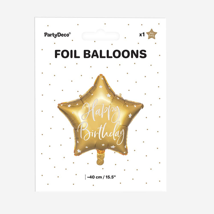 Packaging ballon happy birthday étoile dorée pour déco anniversaire