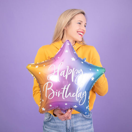 Pastel birthday decoration: gradient happy birthday star balloon