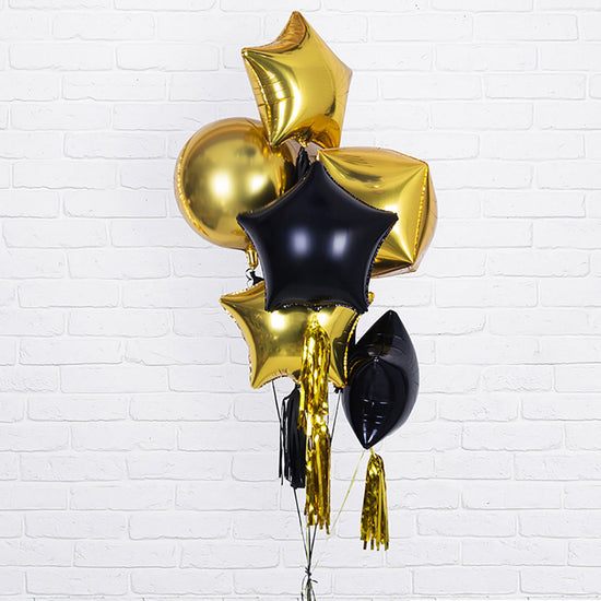 Grappe de ballons noire et dorée pour deco anniversaire, deco nouvel an