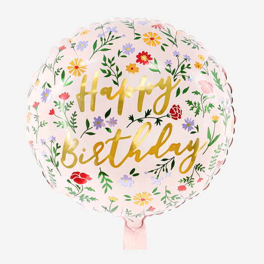 Ballon happy birthday fleurs roses et doré pour deco anniversaire fille