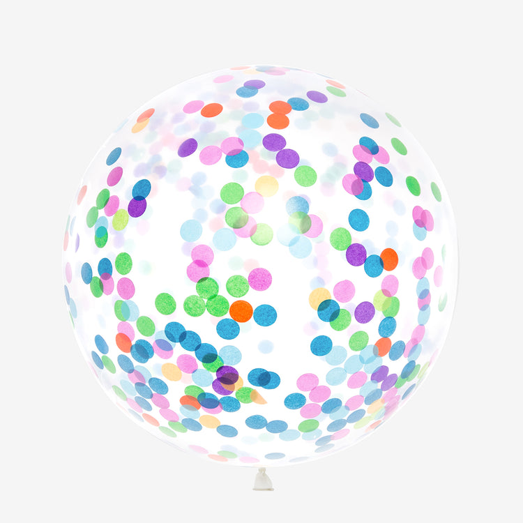 Transparent giant birthday balloon with multicolored confetti.