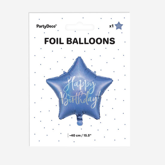 Ballon étoile bleue iridescente happy birthday pour deco anniversaire