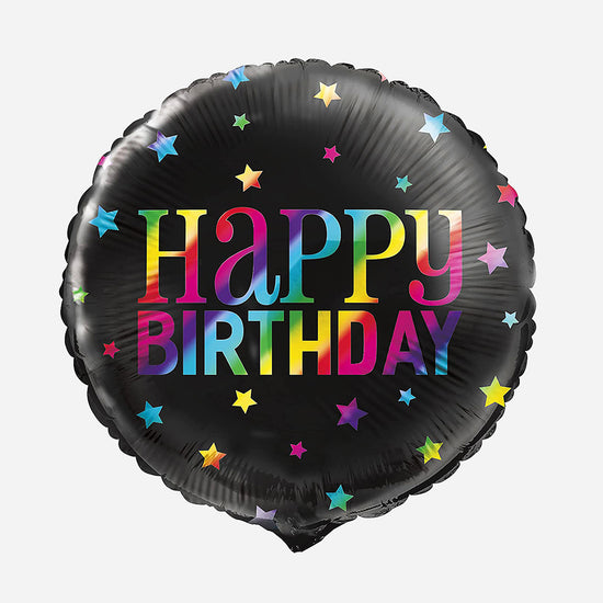 Globo negro y letras de colores con feliz cumpleaños