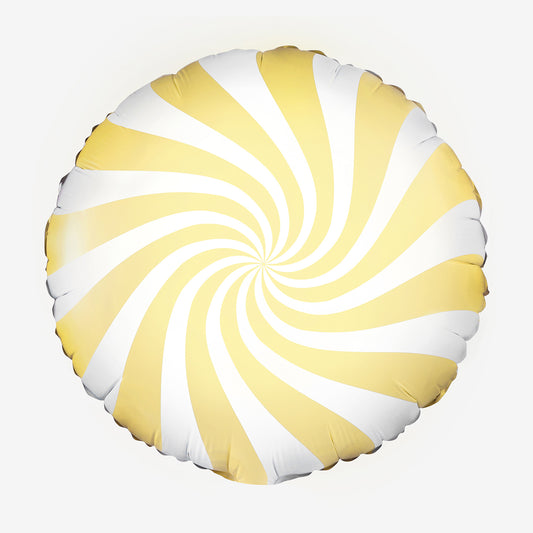 Ballon hélium spirale bonbon jaune pour décoration de baby shower mixte.