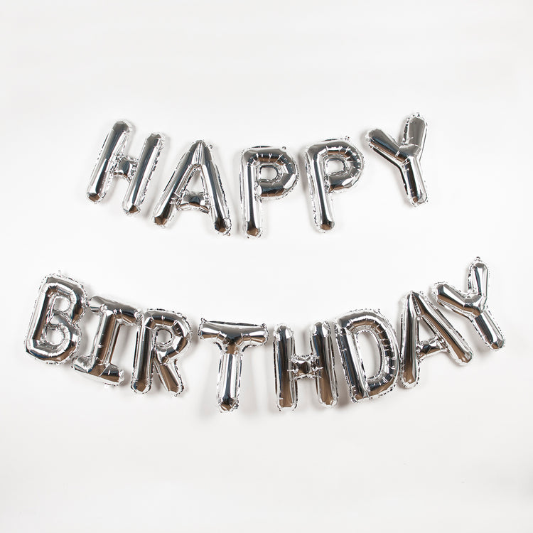 Ballons lettre aluminium Happy birthday à suspendre pour deco aniversaire