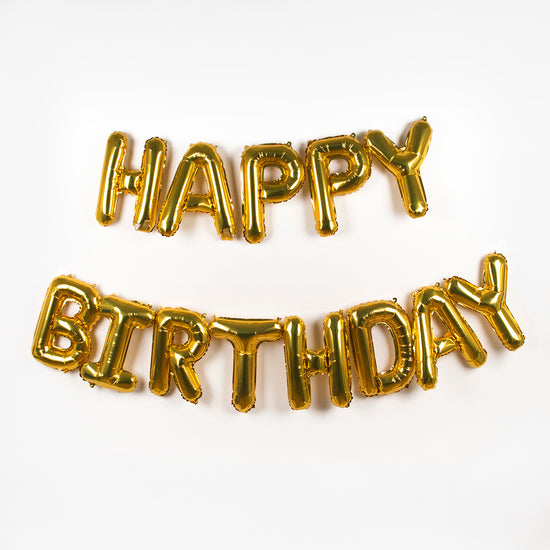 Ballons lettres dorées happy birthday à suspendre pour deco d'anniversaire