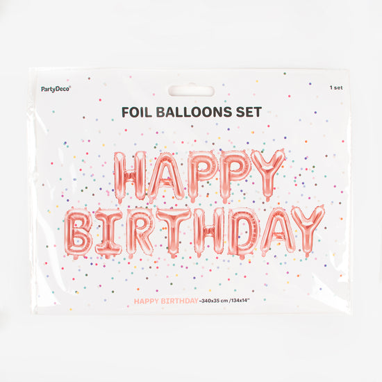 Décoration rose gold pour anniversaire : ballons hapy birthday à suspendre
