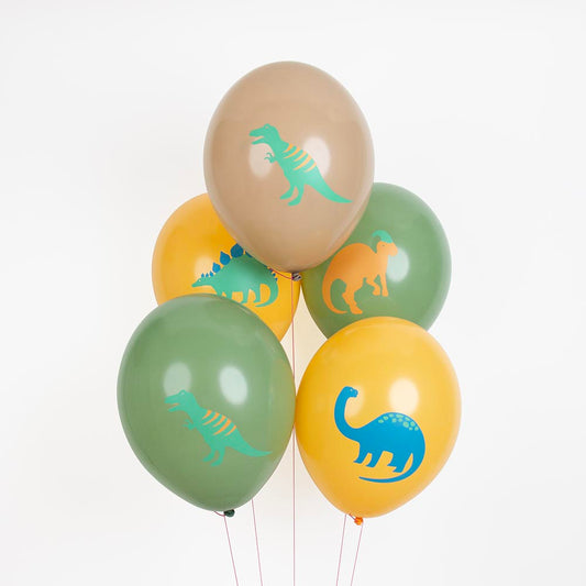5 balloons with dinosaur motifs for a child's birthday