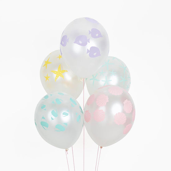 5 globos con motivos oceánicos para decoración de cumpleaños de sirena