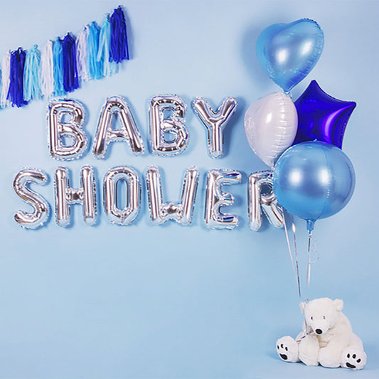 Palloncini con lettere d'argento per baby shower e decorazioni blu per la decorazione di rivelazione del genere del ragazzo