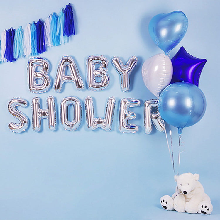 Baby shower globos con letras plateadas y decoración azul para la decoración de revelación de género del niño