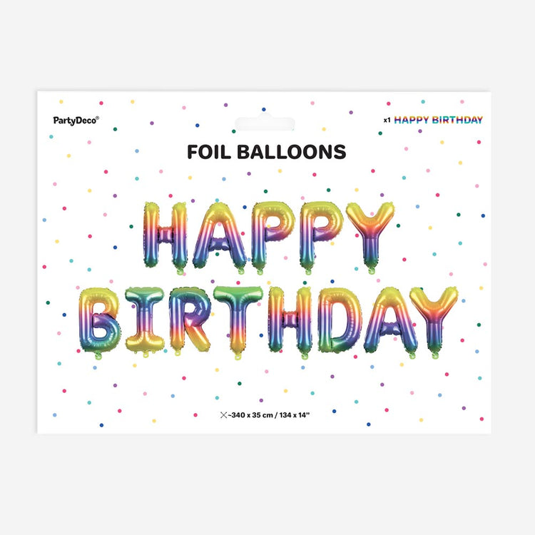 Embalaje de globos con letras de feliz cumpleaños arcoíris