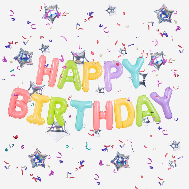 Decoration anniversaire : guirlande de ballons lettre pastel happy birthday